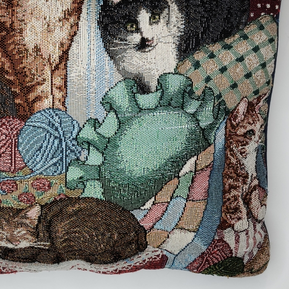 15" Cat Tapestry Fabric Accent Throw Pillow Sleeping Looking Yarn Butterfly - Picture 5 of 10